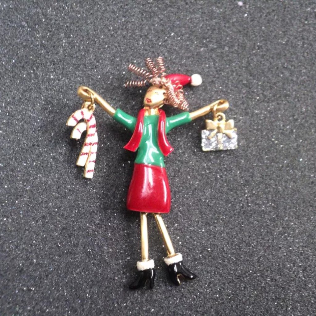 Tanya Creations Lady Christmas Shopper Candy Canes & Gift Dangle Legs Brooch Pin